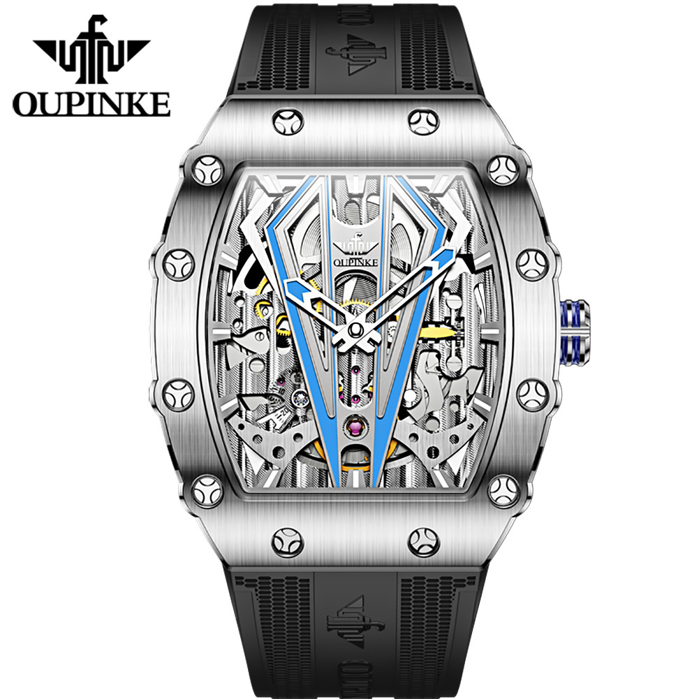 Oupoinke 3179 Design  Luxury Waterproof Luminous Timepiece Silicone Strap Square Mechanical Automati